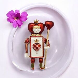 Queen of Hearts Gold Red Enamel Brooch Playing Card Alice Wonderland Character